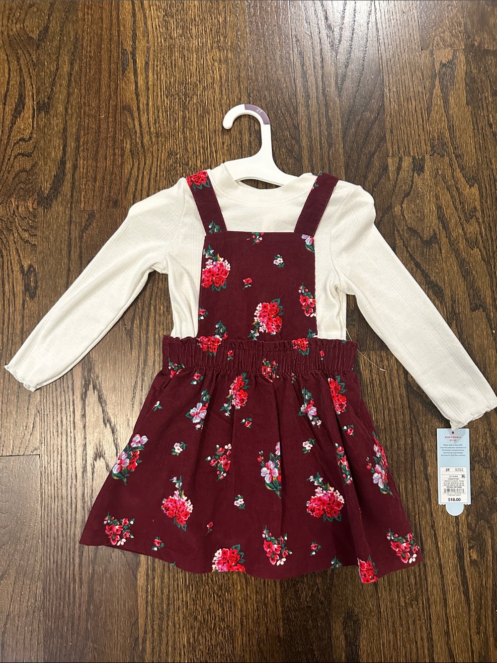 Cat & Jack Burgundy Floral Suspender Dress with Cream Top